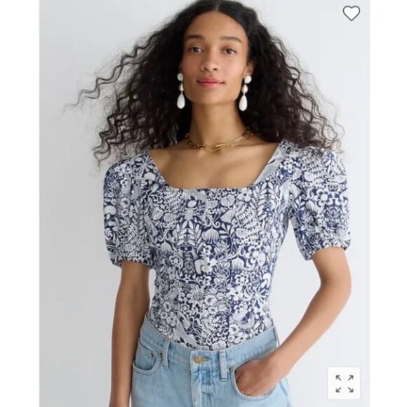 J.Crew Women's Puff-Sleeve Cotton Poplin Squareneck Top In Mermaid Floral - Picture 1 of 12